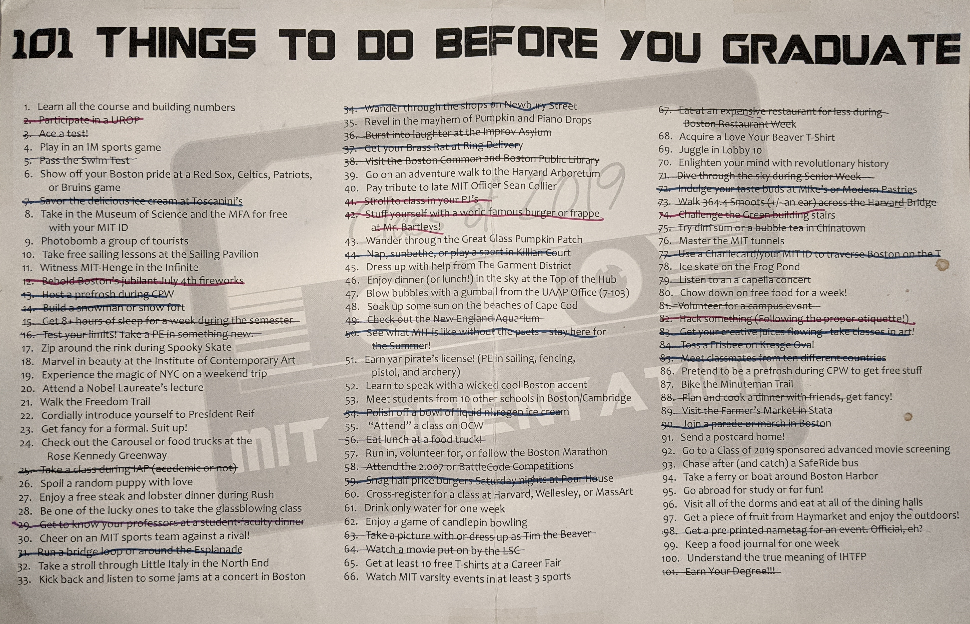 "101 Thiings To Do Before You Graduate" poster with 45 things crossed off
