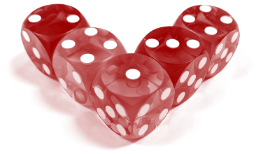 Five dice arranged in a V shape, digitally altered to be red