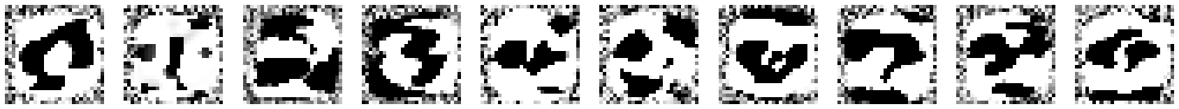 10 black-and-white images with noisy borders and even starker black-and-white patterns vaguely resembling the digits 0 through 9