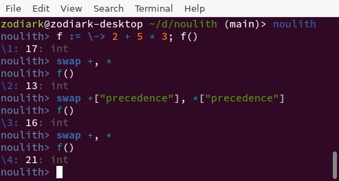 REPL in which two arithmetic operators are swapped and their precedences are swapped, and this is shown to affect the parsing and return value of a function using those operators. Screenshot of terminal.