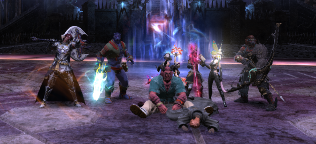 A victorious party of eight FFXIV characters in Asphodelos: The First Circle. Screenshot.