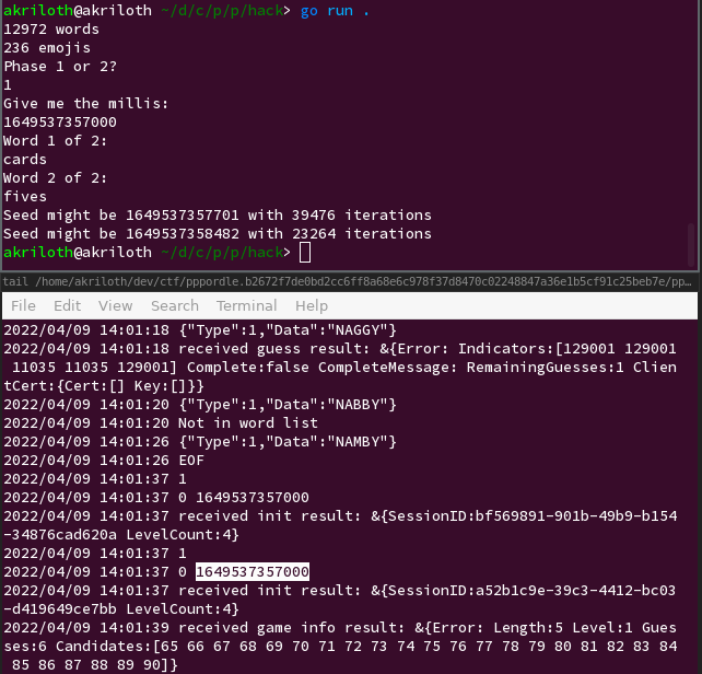 Two terminals. In the top terminal, `go run .` has been executed and then the script have been provided with the input 1649537357000 and the solution words CARDS and FIVES, and has output two candidate seeds and interation counts. In the bottom terminal, the timestamp 1649537357000 is highlighted among logging from the client.