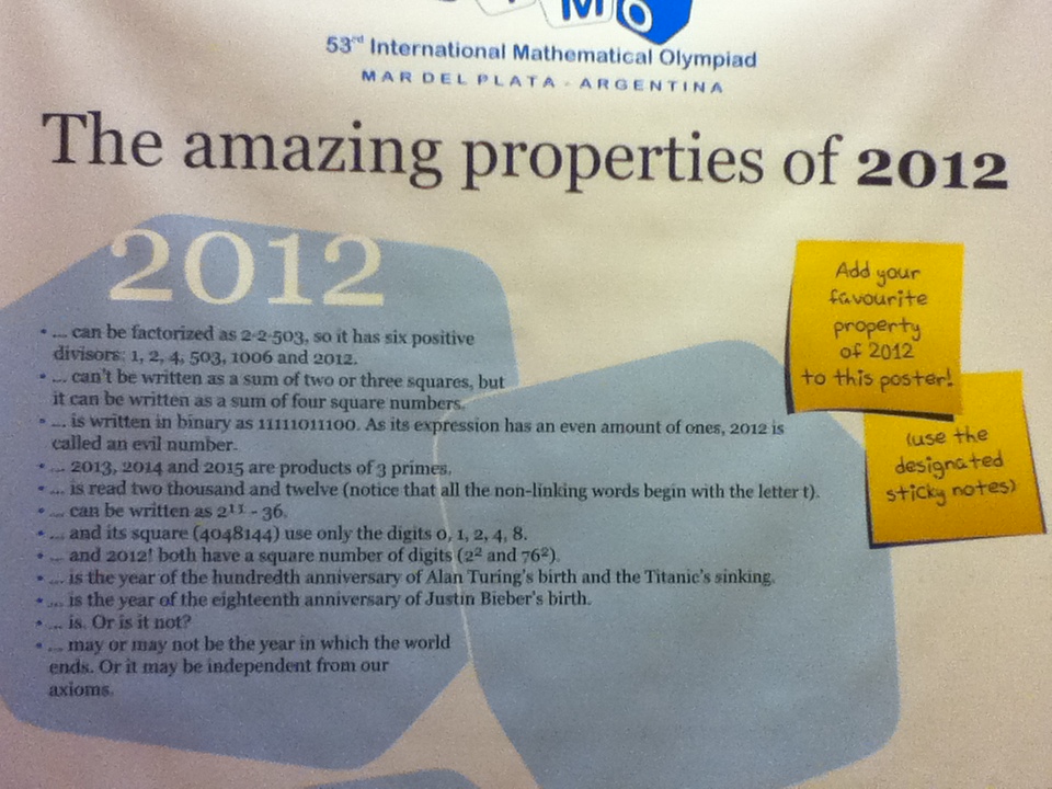 IMO 2012 poster listing various amazing properties of 2012