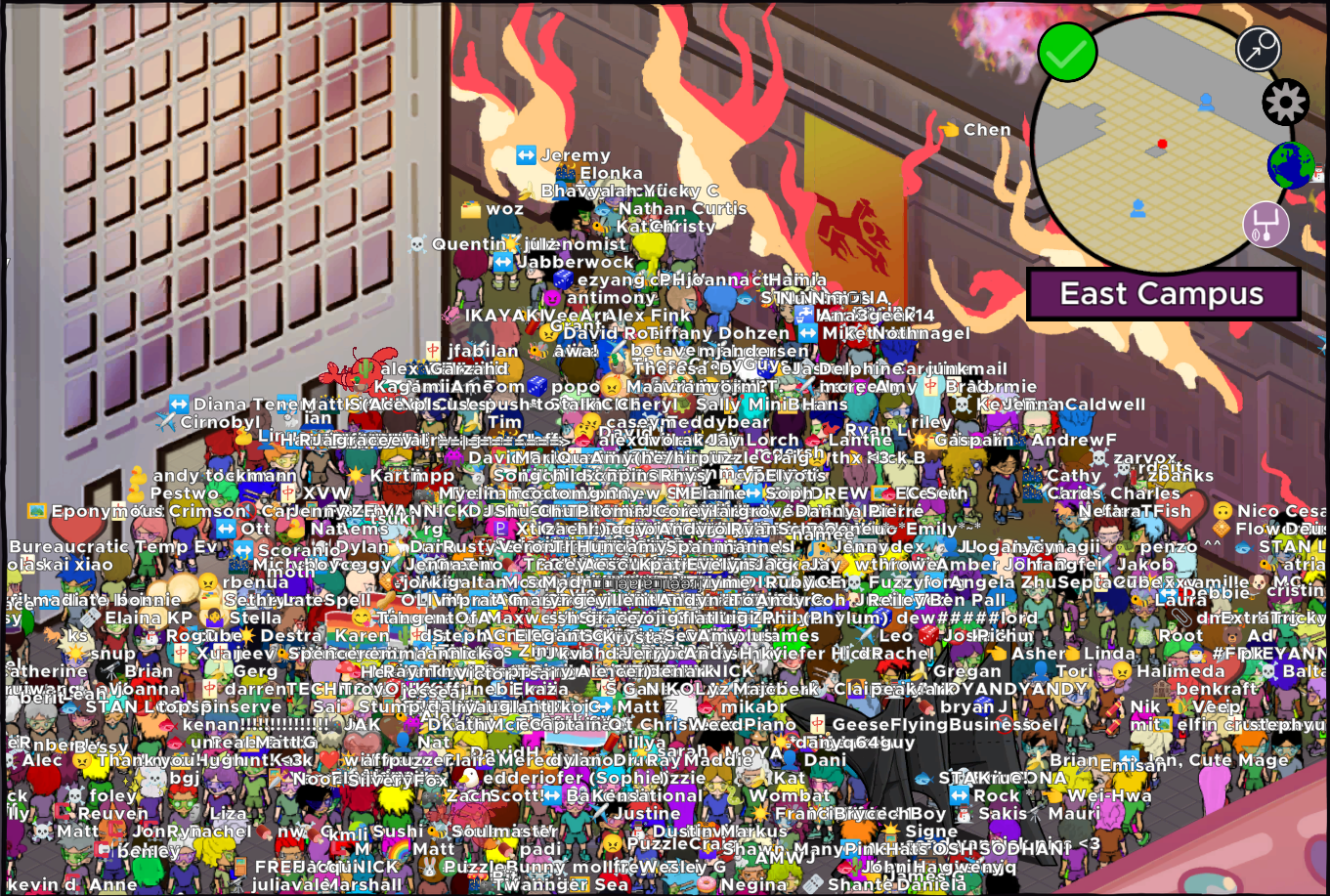 Screenshot of hundreds of participants' avatars in the Green Building