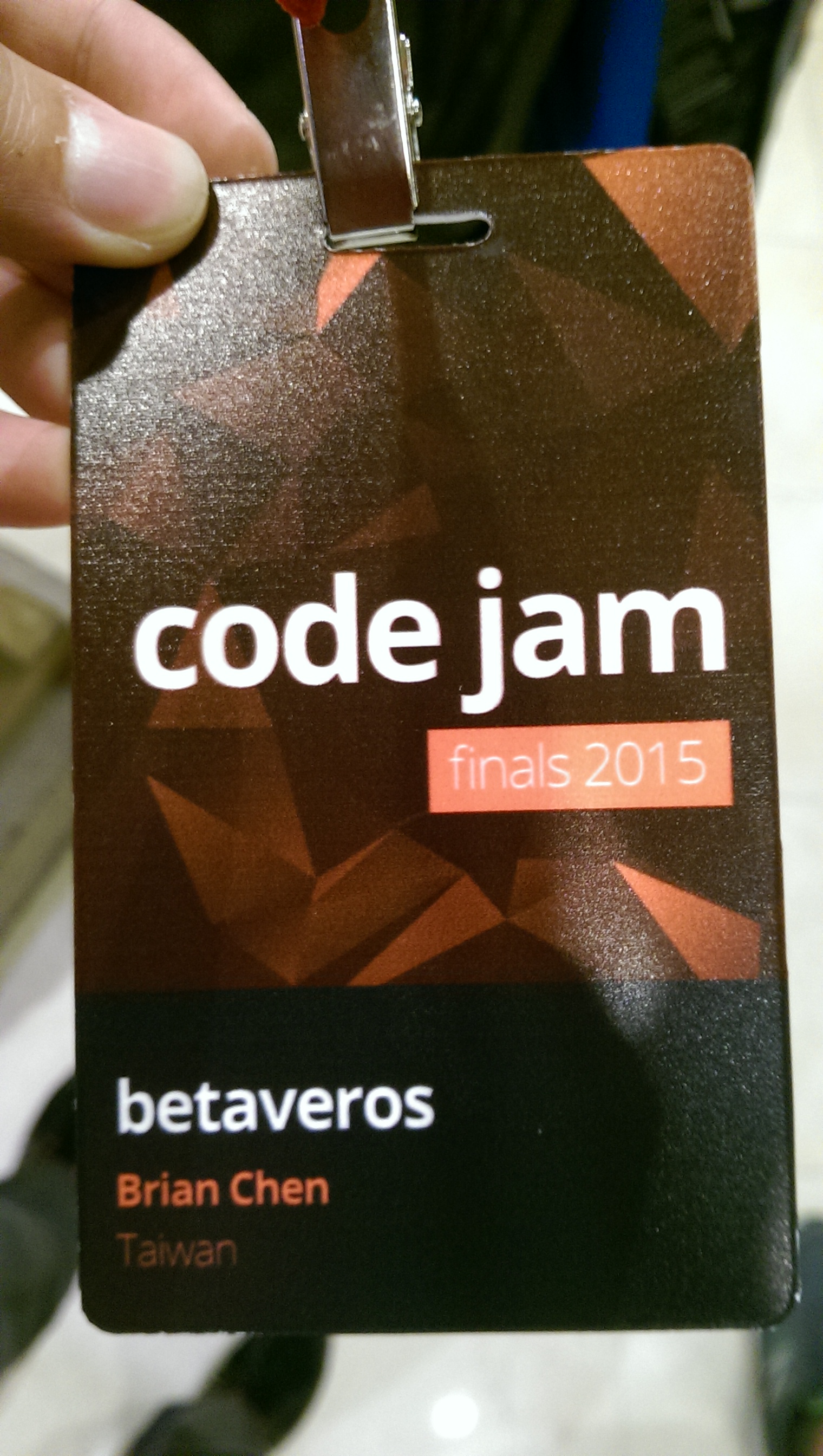 [Google Code Jam 2015 name tag with my name and handle and country]