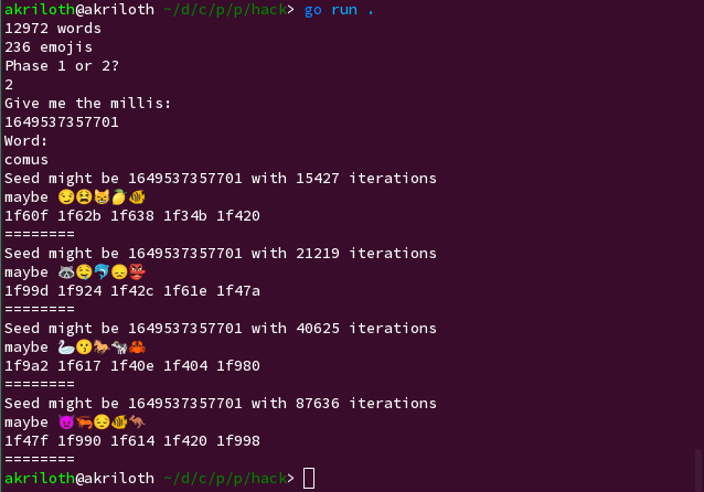 A terminal in which `go run .` has been executed and then the script has been provided with the input 1649537357001 and 'comus', and has outputted four iteration counts and emoji sequences; the third listing has iteration count 40625 and matches the emoji sequence above.